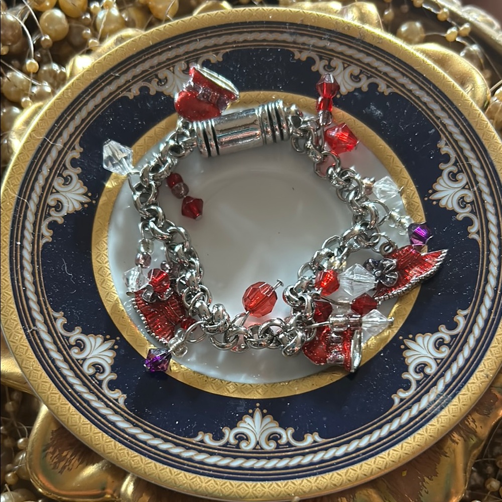 Vintage Red Hat Ladies Society Silver Tone Charm Bracelet